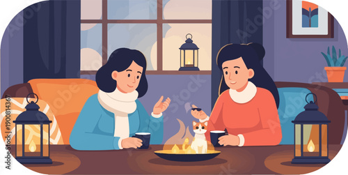Two women and cat gather by indoor fire, cozy evening, warm drinks