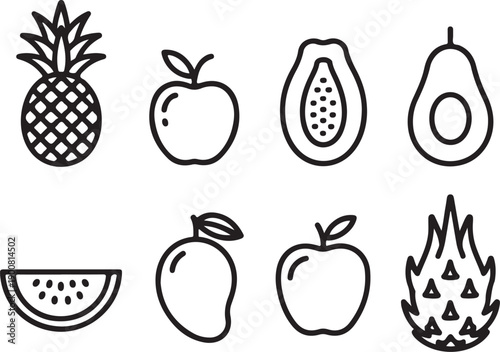 Tropical fruit and fresh fruit line icons set pineapple apple mango watermelon