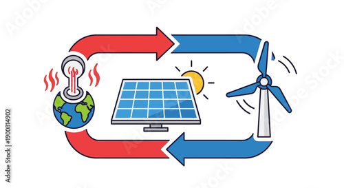 Renewable Energy Cycle Diagram. Green Power Flow: Solar Panel, Wind Turbine, and Geothermal Heat.