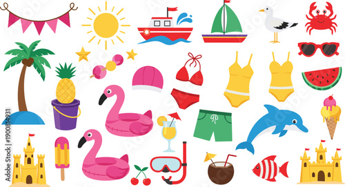 Summer beach vacation icons set with sun tropical sea travel elements holiday flat vector illustration collection isolated on white background cad drawing