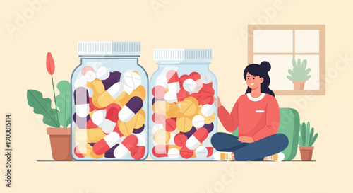 Woman sitting next to two large jars filled with colorful pills