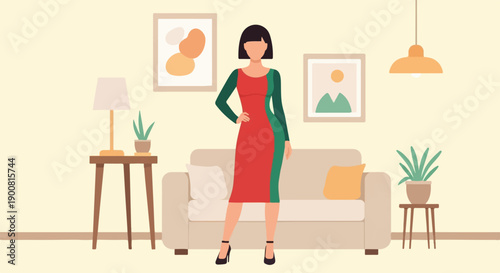 Woman in a stylish dress stands in a cozy room with modern art and plants