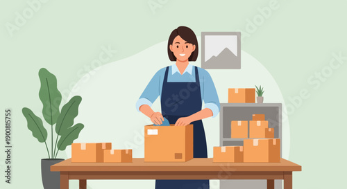 Woman in apron packing boxes at a wooden table with plant