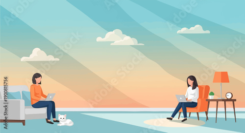 Two women work on laptops in cozy room with cat and lamp