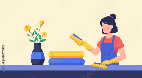 Woman in blue overalls and yellow gloves cleans with a brush
