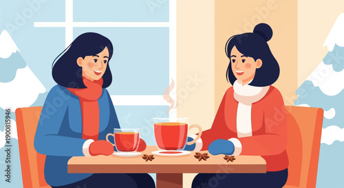 Two women in winter attire enjoy hot drinks at a table outdoors