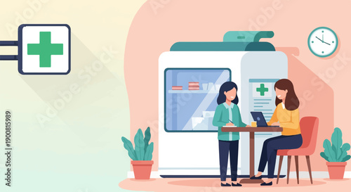 Two women interact in a pharmacy with a green cross sign visible