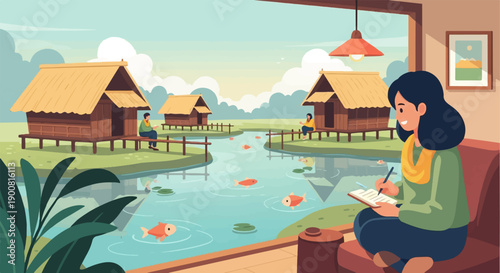 Woman sketches tranquil waterside village with stilted huts and fish