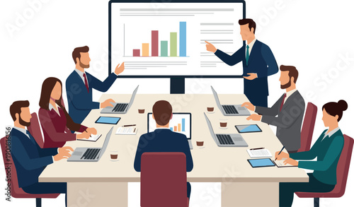 Business team in boardroom meeting with presenter showcasing data charts on digital screen for corporate strategy and professional collaboration vector.