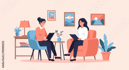 Two women in a cozy room discussing matters, holding pads and pens