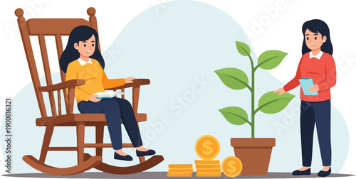 Two women observe financial growth and personal development with a plant