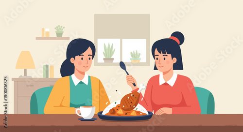 Two women sharing a meal of rice with chicken and curry, with tea