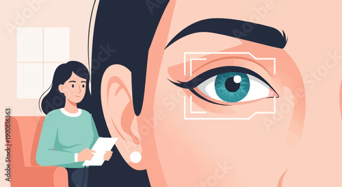 Woman in green shirt sits on chair holding paper, large eye scans