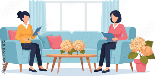 Two women in a cozy living room, one on a couch, the other in an armchair, talk