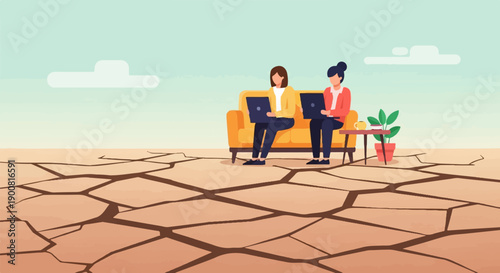 Two women on couch with laptops amidst dry, cracked earth and distant clouds