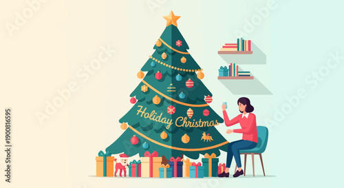 Woman in red sweater near Christmas tree with gifts and dog