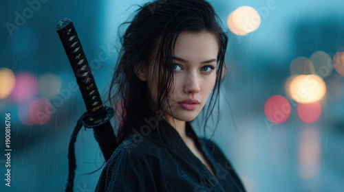 young Asian girl holding katana sword