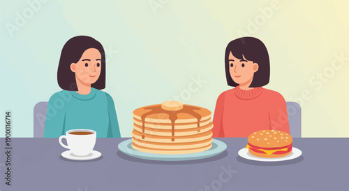 Two women sit at a table with a stack of pancakes and a burger