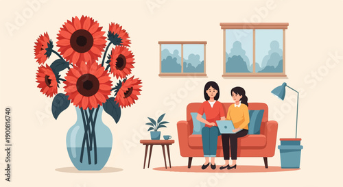 Two women on sofa with laptop, window, lamp, and sunflowers