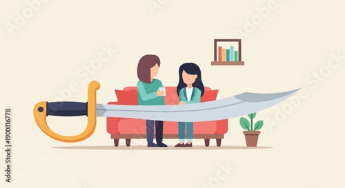 Two women on sofa with large saber and potted plant