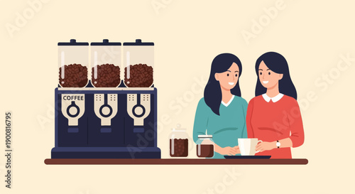 Two women enjoying coffee from a three-bin dispenser