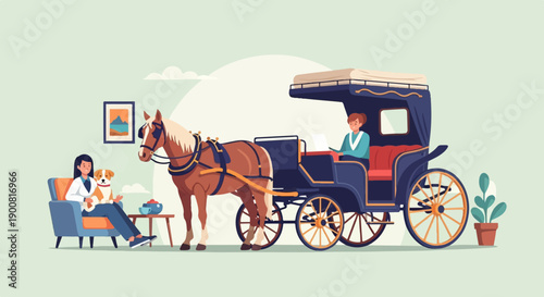 Woman with dog by horse-drawn carriage, another woman drives carriage