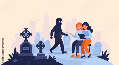 Two women reading book in cemetery while shadowy figure lurks behind