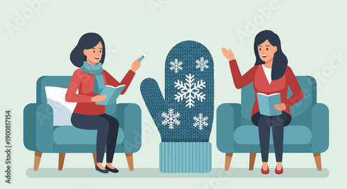 Two women reading books in armchairs next to a large snowflake mitten