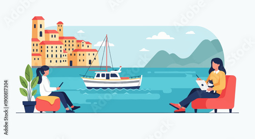Two women relax by the sea near a coastal town with a sailboat