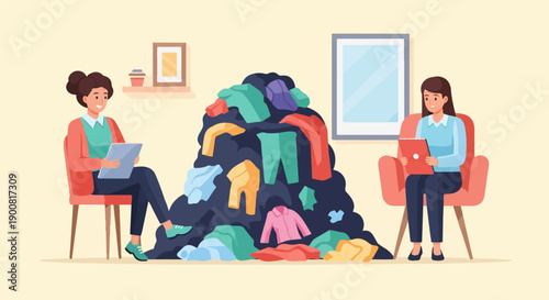 Two women sit in chairs, one on each side of a very large pile of colorful clothes