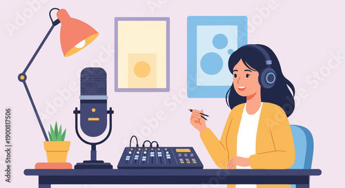 Woman with headphones records audio with microphone and soundboard