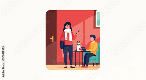 Woman with phone and dog near man on laptop in red room