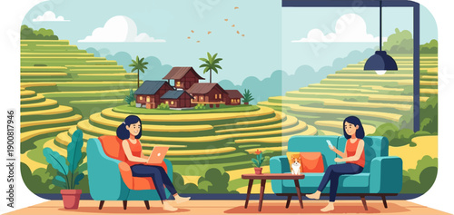 Two women relax indoors enjoying view of lush, terraced fields and village