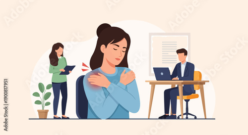 Woman with shoulder pain, colleague observes while another works