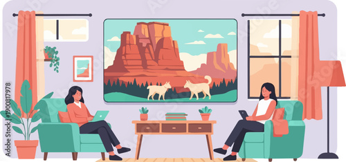 Two women relax indoors on comfortable chairs, each using a tablet