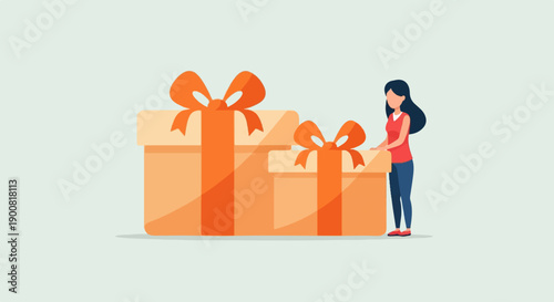 Woman with two large gift boxes, one open, against a light background