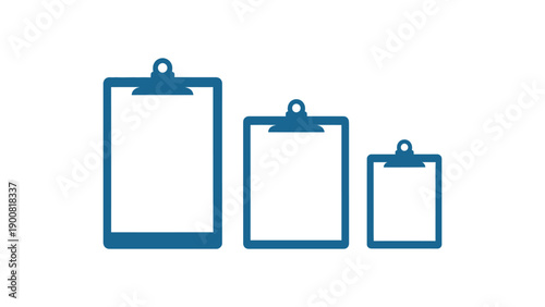 Three blue clipboards of different sizes on a white background