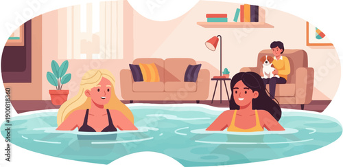 Two women swim in an indoor pool with a person and dog relaxing nearby