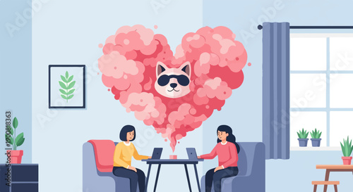 Two women collaborating on laptops with a cartoon raccoon heart cloud
