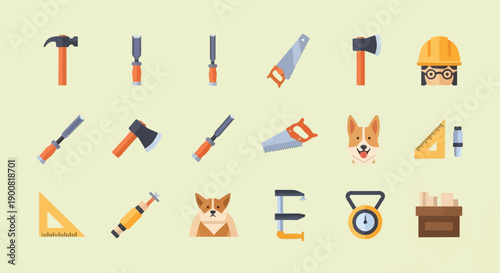 Various tools, dogs, and construction equipment displayed on a light yellow background