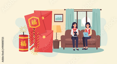 Two women with laptops in a living room, next to red envelopes and firecrackers