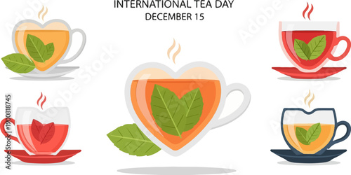 Various hot tea cups and leaves in celebration of International Tea Day