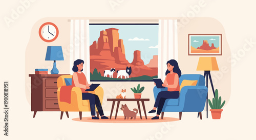 Two women and dogs relax indoors viewing a desert landscape through window