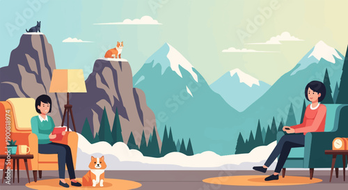 Two women and dogs indoors, snowy mountains, forest, and cloudy sky