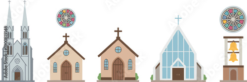 Religious architecture icon set with Gothic cathedral modern chapel stained glass and bell tower for historical travel design vector.