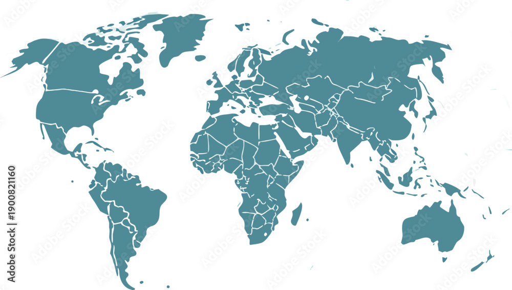 Obraz premium Stylized Teal World Map Silhouette with Political Borders