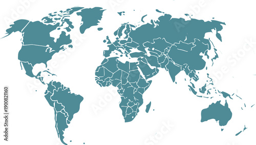 Stylized Teal World Map Silhouette with Political Borders