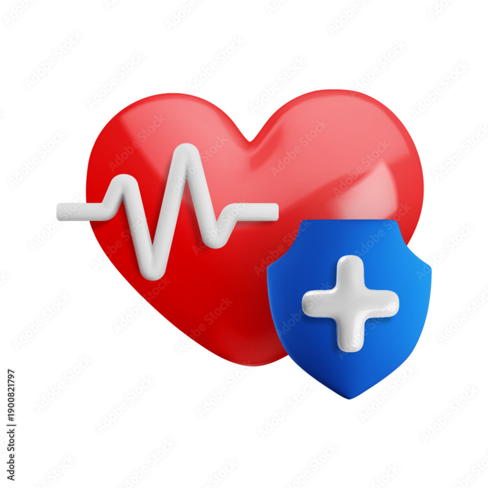 Obraz premium Vector cartoon 3d health protection icon. 3d render of red heart with shield, medical cross and pulse line. Cardiology first aid sign. Healthcare, hospital, medical insurance symbol for app, design