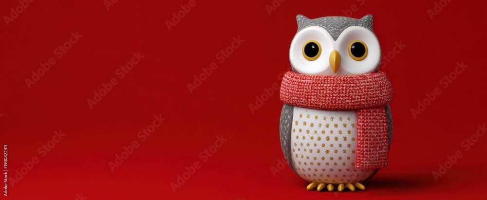 Fototapeta premium ceramic owl donning a cozy scarf on a red backdrop symbolizing seasonal budgeting tips