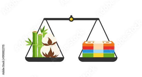 Natural Commodity Value Comparison: Cotton and Bamboo Raw Materials Balanced with Money Stack on a Scale